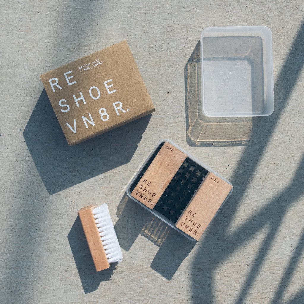 reshoevn8r Soft, medium, and stiff shoe cleaning brushes with bowl and drying rack