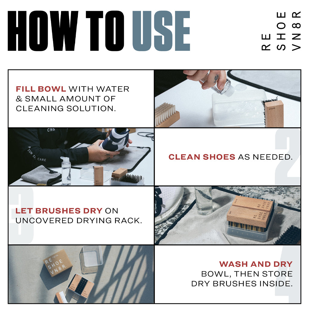 reshoevn8r Soft, medium, and stiff shoe cleaning brushes with bowl and drying rack