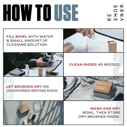 reshoevn8r Soft, medium, and stiff shoe cleaning brushes with bowl and drying rack