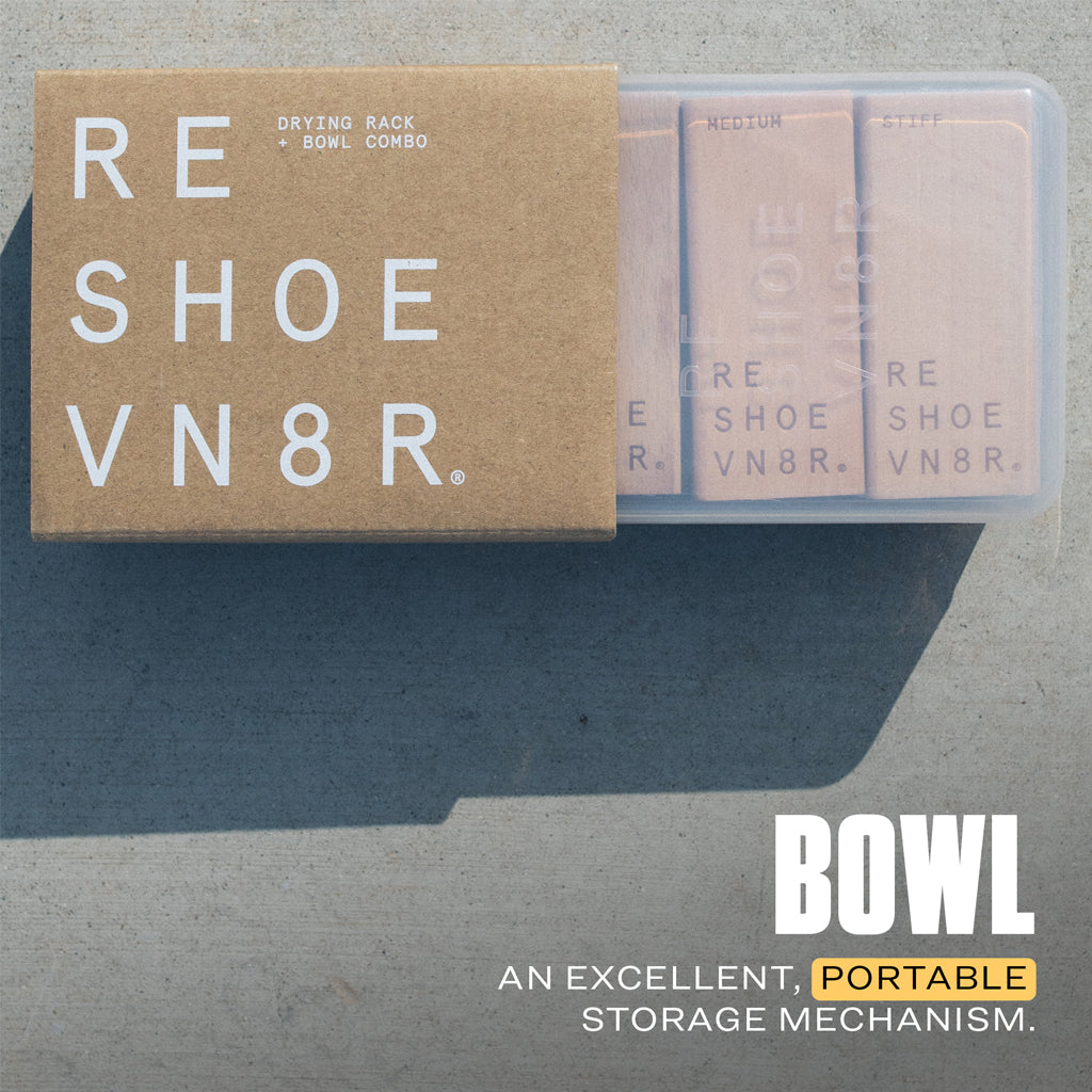 reshoevn8r Soft, medium, and stiff shoe cleaning brushes with bowl and drying rack