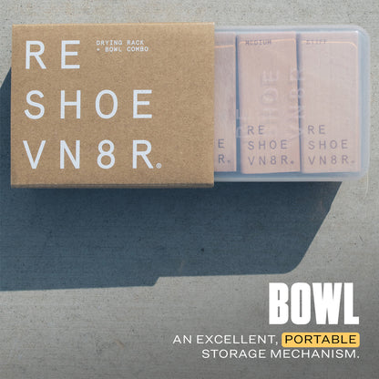 reshoevn8r Soft, medium, and stiff shoe cleaning brushes with bowl and drying rack