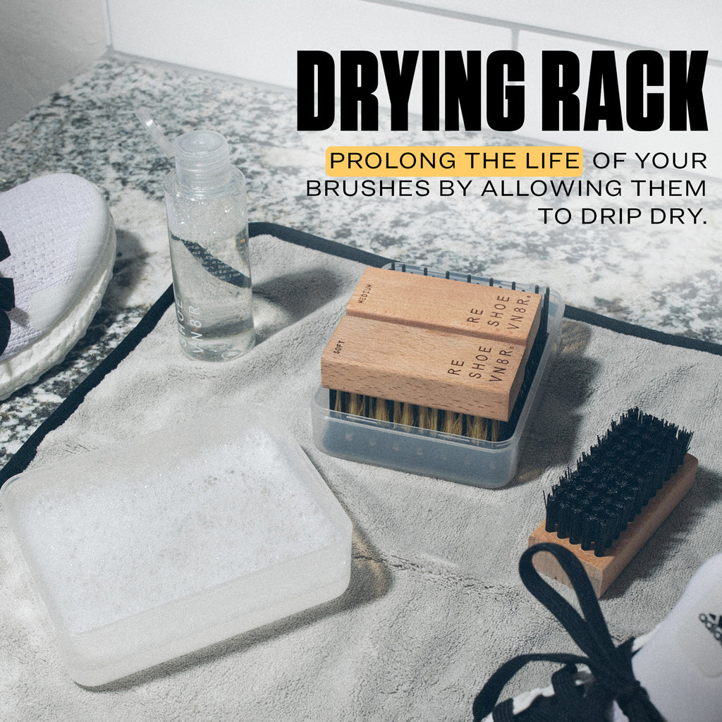 reshoevn8r Soft, medium, and stiff shoe cleaning brushes with bowl and drying rack