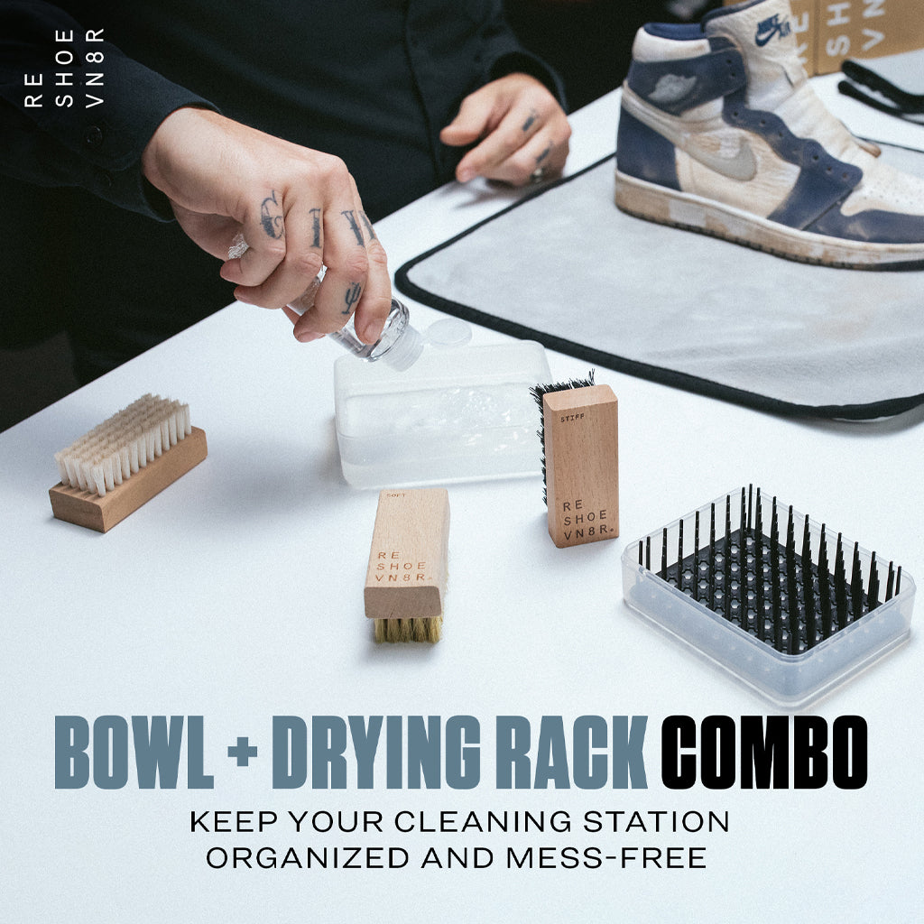 Sneaker cleaning using Reshoevn8r brush set and bowl combo